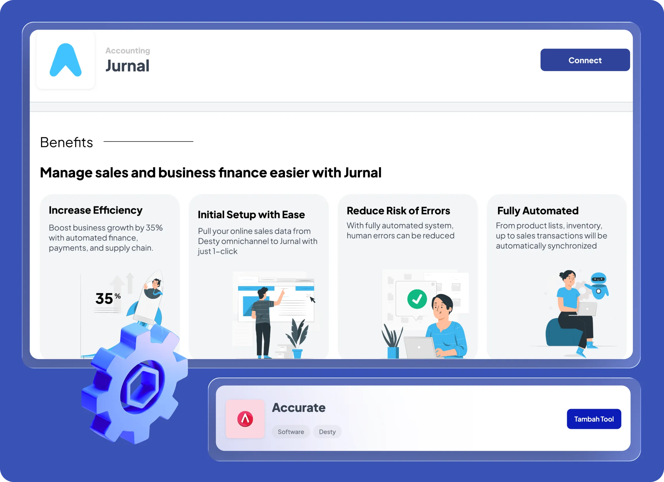 Antarmuka aplikasi "Jurnal" menampilkan panel manfaat (efisiensi, setup, pengurangan kesalahan, otomatisasi), ikon roda gigi dan tombol "Tambah Tool" pada latar biru menyerupai layar web.
