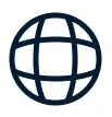 Ikon bola dunia hitam dengan garis lintang dan bujur melengkung; tampil sederhana di latar putih, menyerupai simbol jaringan atau internet global.