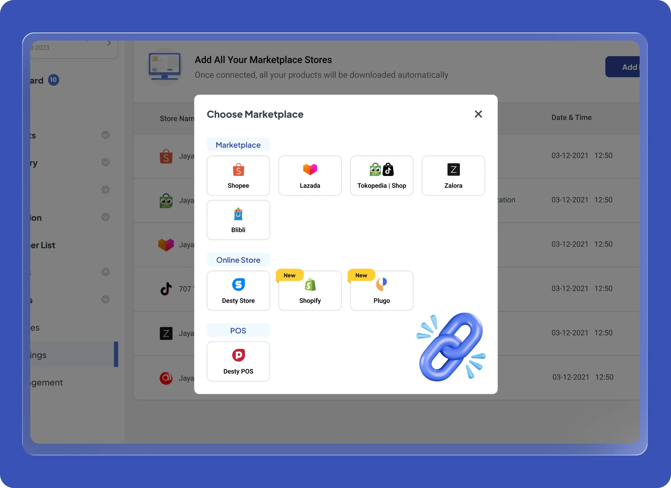 Jendela pemilihan marketplace menampilkan ikon marketplace (Shopee, Lazada, Tokopedia, Zalora, Blibli), opsi toko online dan POS, diletakkan di tengah antarmuka aplikasi biru dengan latar daftar toko samar.
