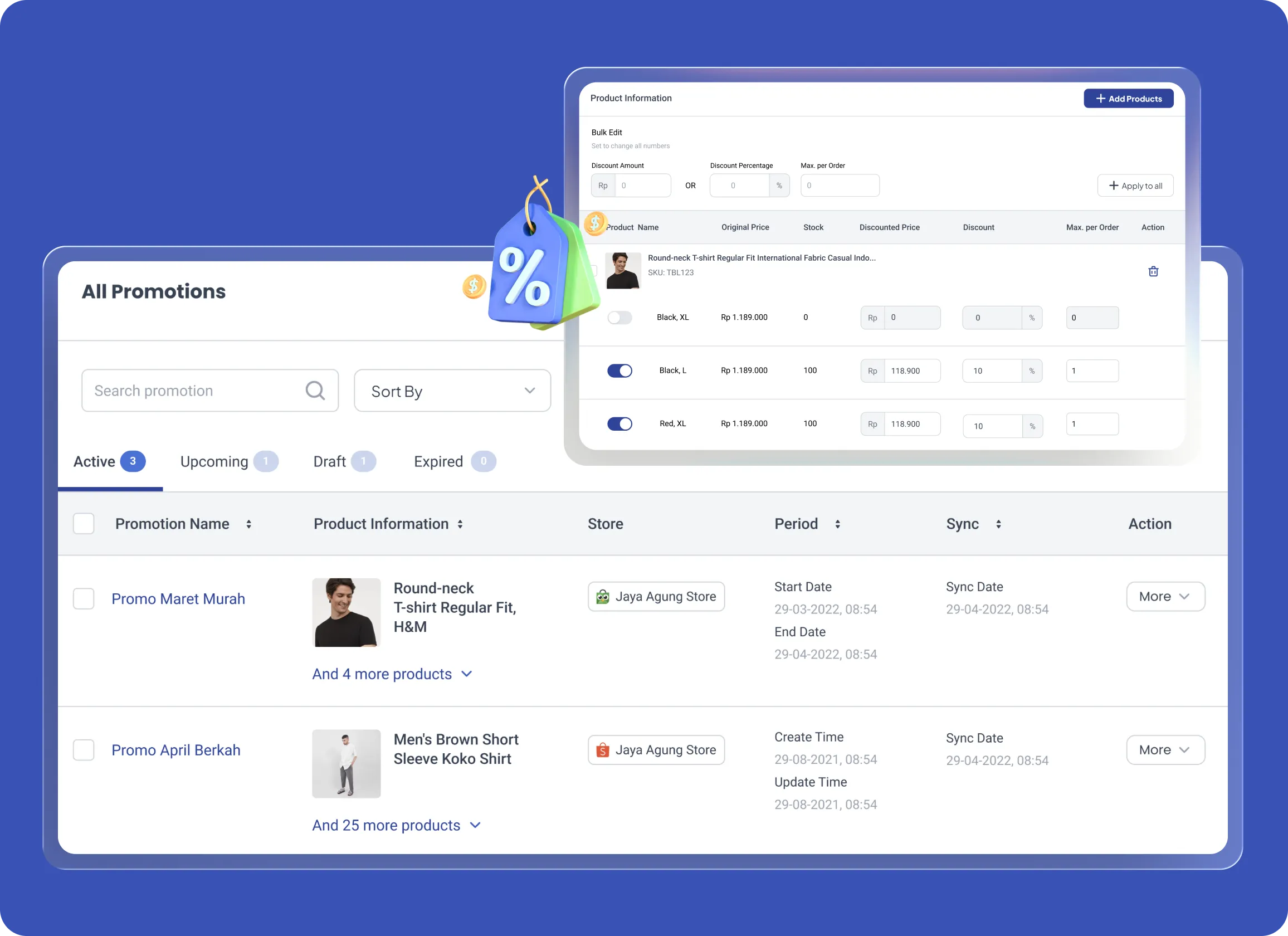 Antarmuka dashboard promosi menampilkan daftar promosi dan produk beserta status, tanggal, dan toko; panel pengaturan diskon muncul di kanan atas dengan ikon persentase pada latar biru.