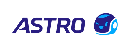 Logo teks "ASTRO" dan ikon helm astronot bergaya lucu berdampingan, ditampilkan pada latar belakang transparan.