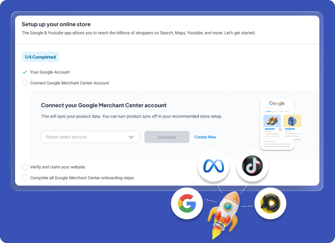 Form pengaturan toko online menampilkan langkah "Hubungkan akun Google Merchant Center", menu pemilihan akun dan tombol sambungkan, dengan ilustrasi logo Google, Meta, TikTok dan roket di latar biru.
