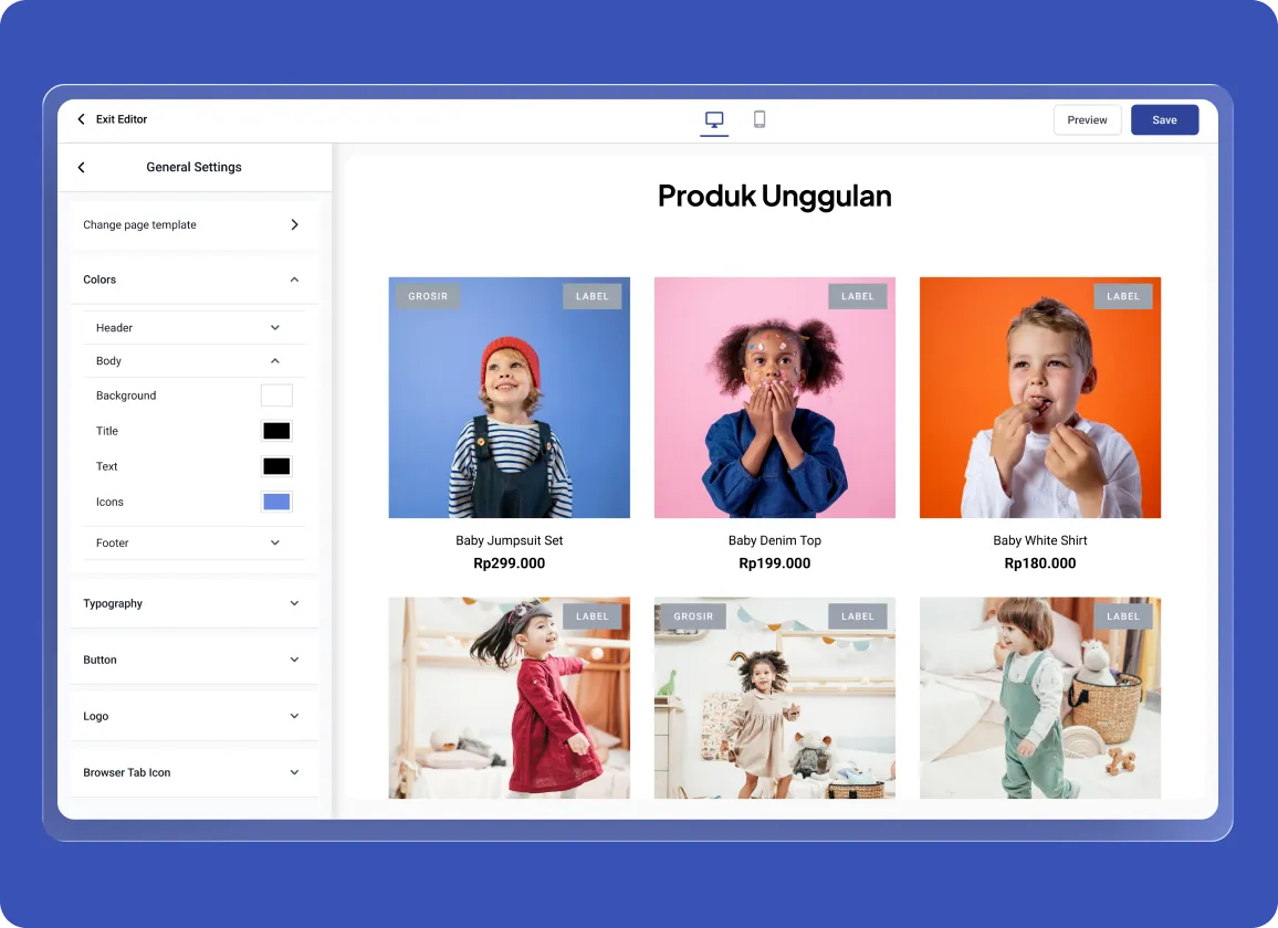 Halaman produk unggulan menampilkan enam kartu pakaian anak dengan foto, label, dan harga; disajikan di antarmuka editor dengan panel pengaturan di kiri serta tombol Preview/Save di kanan atas.