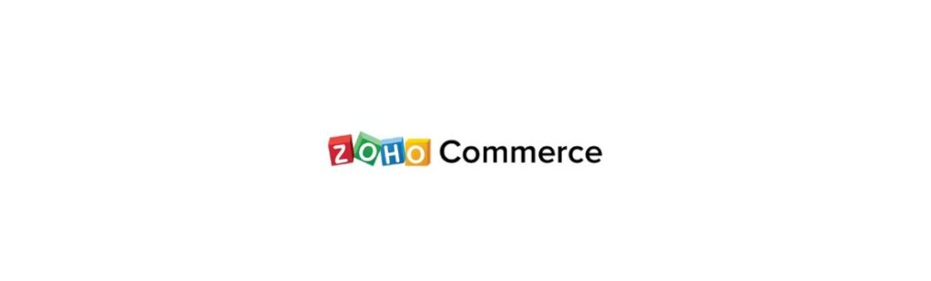 Logo Zoho Commerce menampilkan empat kotak berwarna (merah, hijau, biru, kuning) berhuruf Z,O,H,O dan teks "Commerce" hitam di samping, pada latar belakang putih minimalis.