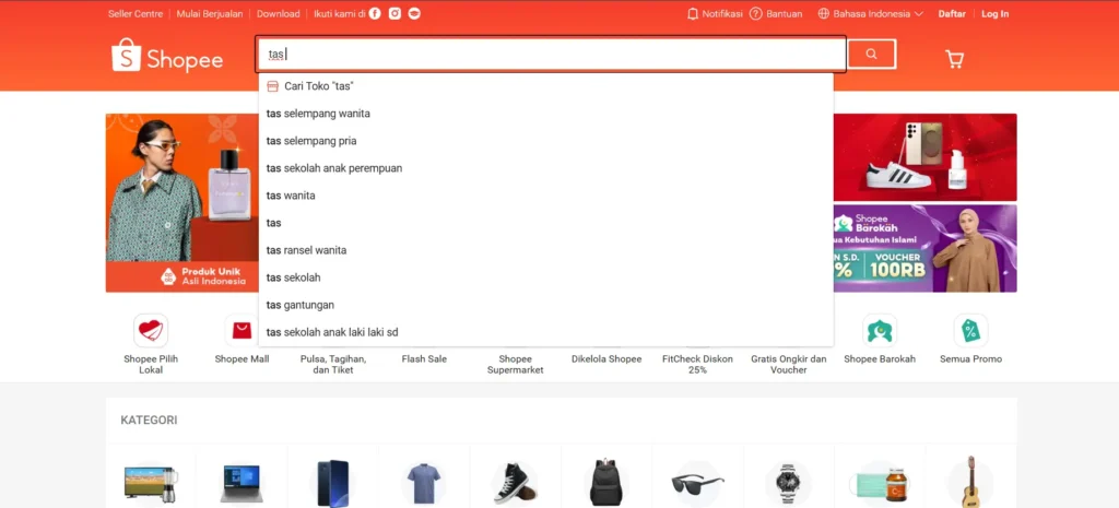 tampilan search bar shopee