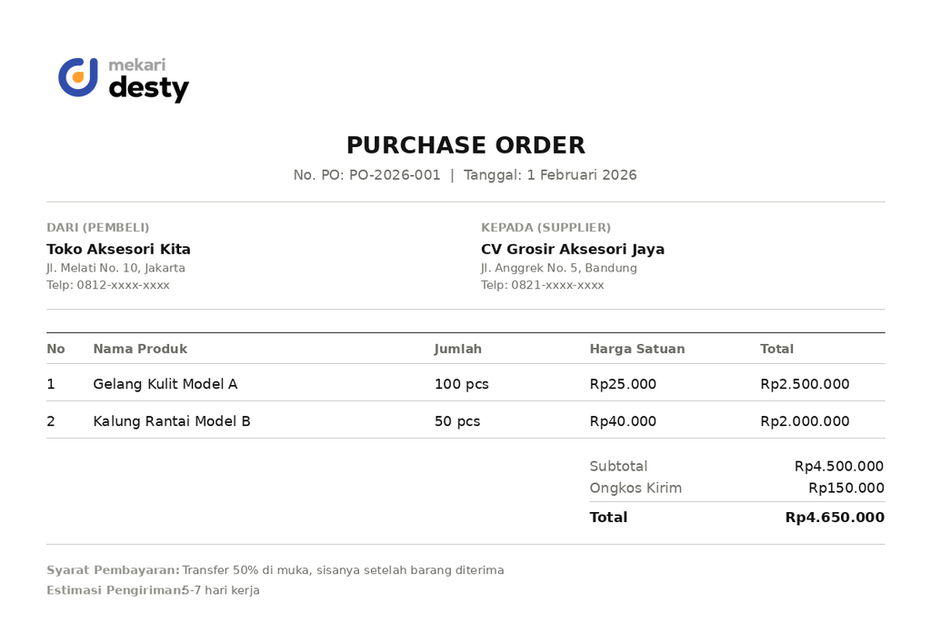 Contoh format purchase order sederhana
